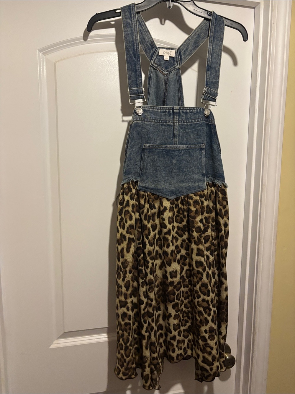 ODDY Denim Bib Dress with Leopard Print Skirt - Blue and Brown